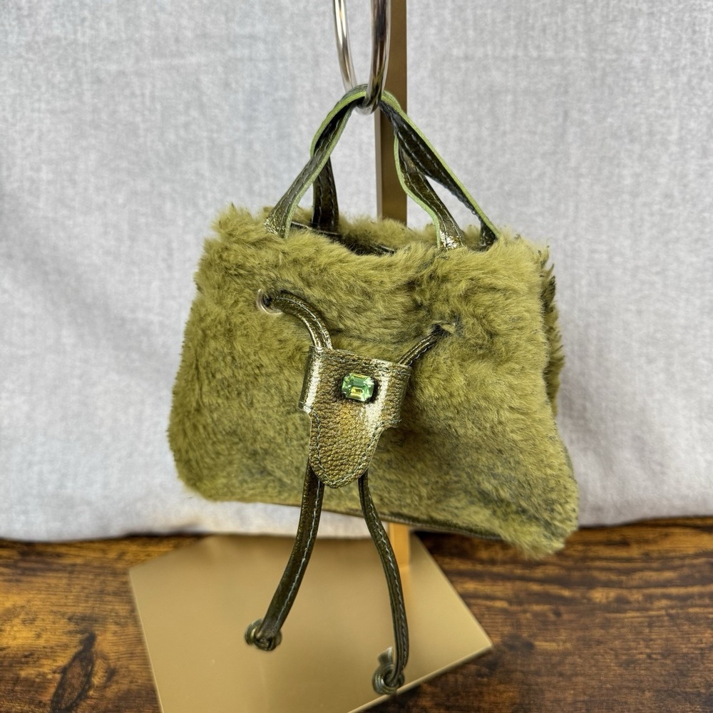 Unique Vintage Sobea leather & Sherpa drawstring mini bag with bracelet strap - Picture 11 of 16
